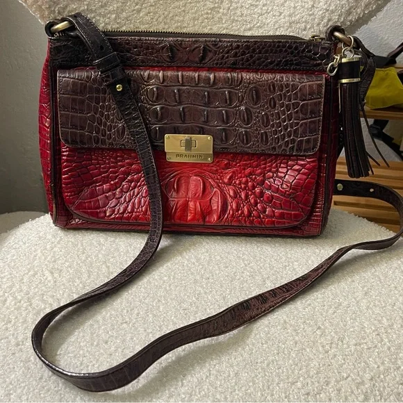 Brahmin Red and Brown Embossed Croc Crossbody Bag - Picture 2 of 7